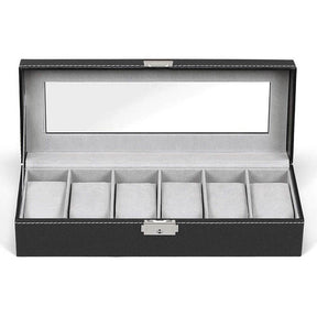 6 Slot Leather Watch Box Display Case Organizer Glass Jewelry Storage Black