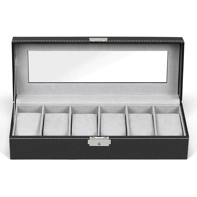 6 Slot Leather Watch Box Display Case Organizer Glass Jewelry Storage Black