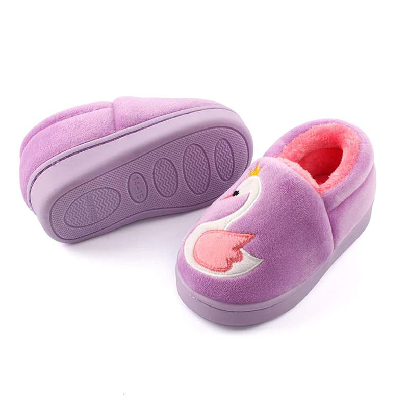 Boys Girls Warm Slippers Cartoon Kids Winter Indoor Household Shoes-Purple