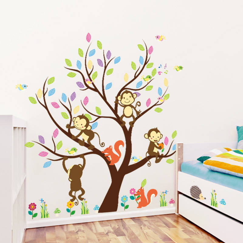 Removable Creative Brown Tree Cartoon Monkey Squirrel Home Art Decor Wall Stickers for Kids Room