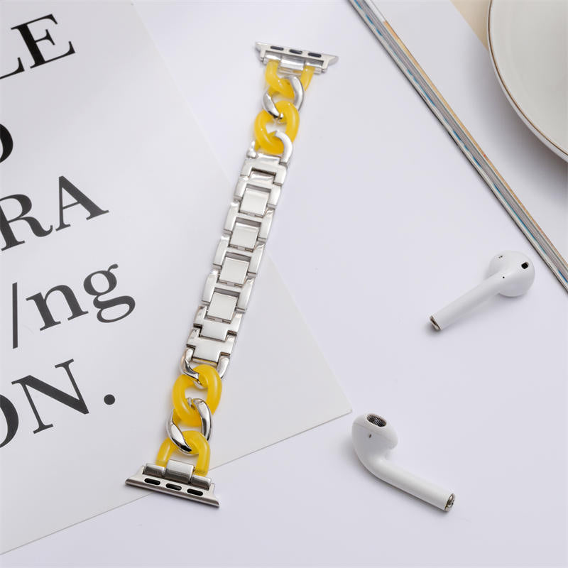 Fashion Resin Watch Band Bracelet Stitching Strap for Apple Watch Series SE/6/5/4/3/2/1-Silver+Yellow