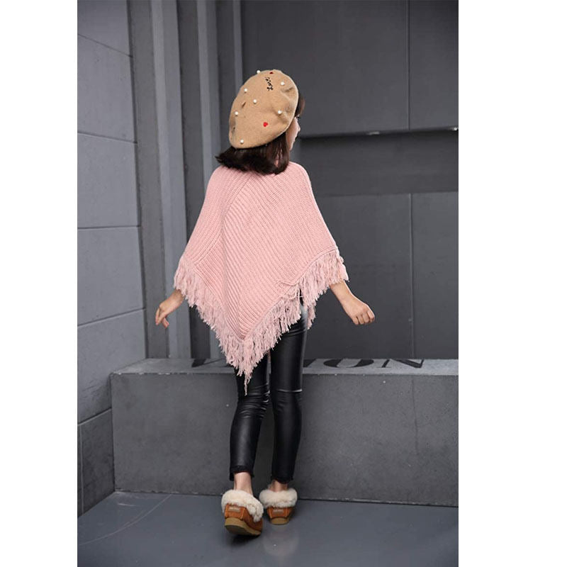 Girls Fall Loose Knitted Pullover Sweaters Poncho Tassel Turtleneck Cloak Cape-Pink