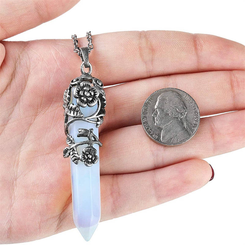 Antique Silver Flower Wrapped Crystal Necklace-Opalite