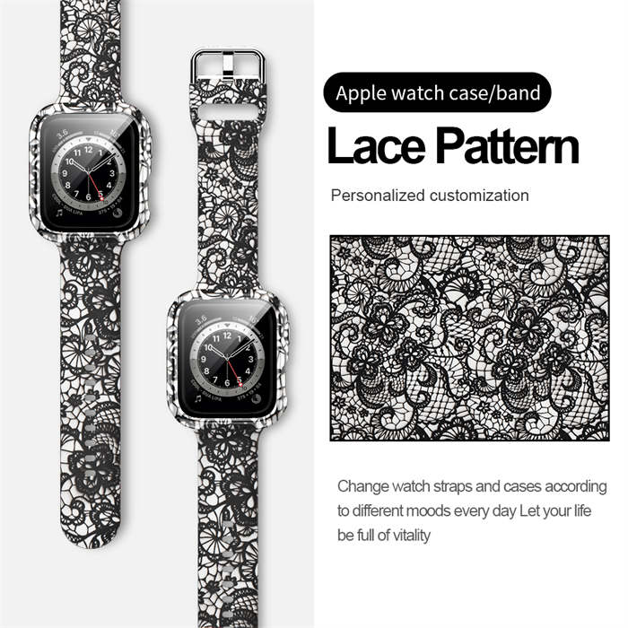 Silicone Printed Watch Band with Screen Protector Case for iWatch Series SE/6/5/4/3/2/1-LaceTexture