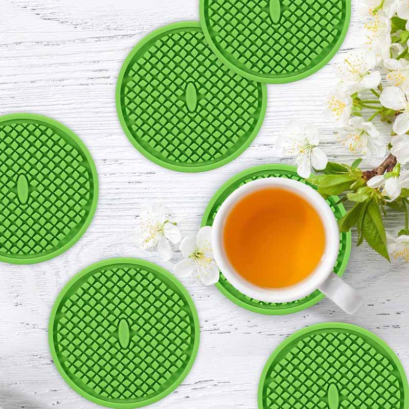 Silicone Drink Coasters Set of 6 in Holder for Drinks Insulation Absorbent Coaster Protect Cup-Moss Green