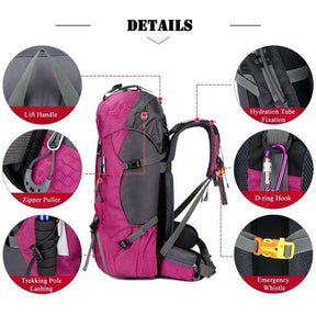 60L Waterproof Lightweight Hiking Backpack with Rain Cover for Climbing Camping-Rose Red