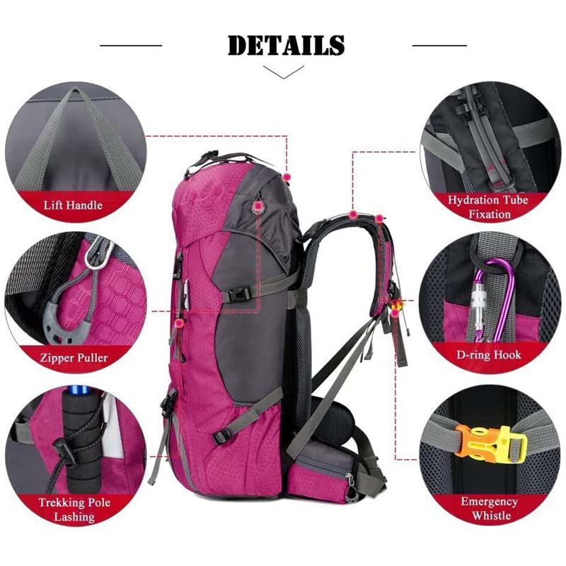 60L Waterproof Lightweight Hiking Backpack with Rain Cover for Climbing Camping-Rose Red