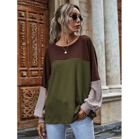 Women Waffle Color Block Sweatshirt Long Sleeve-Army Green