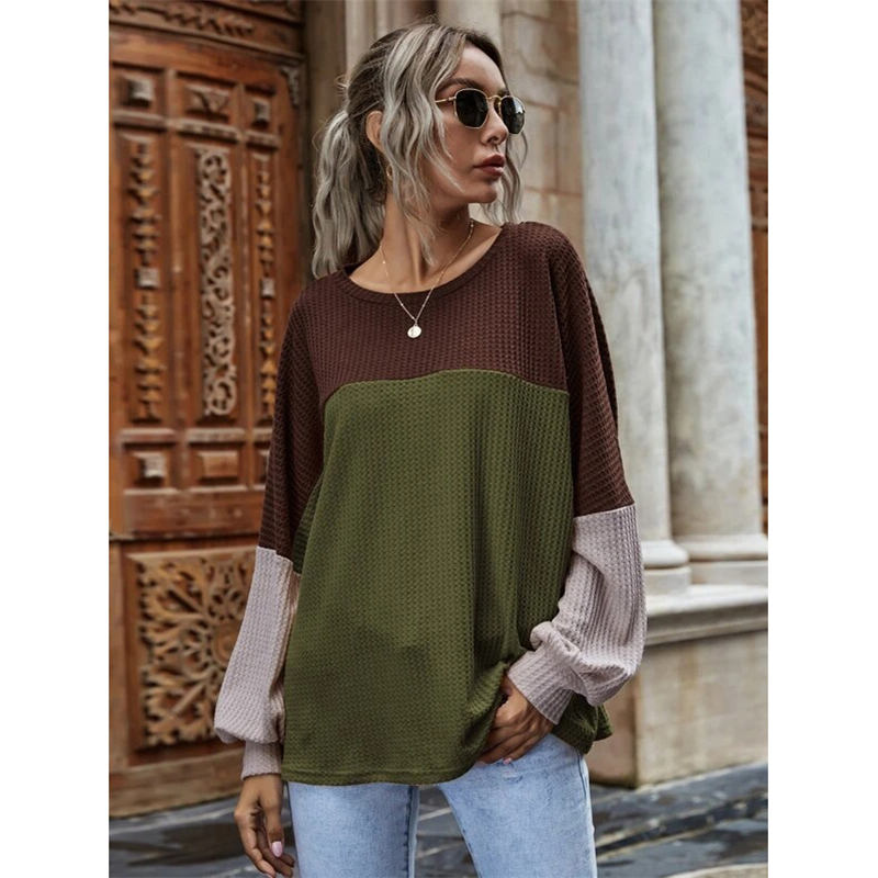 Women Waffle Color Block Sweatshirt Long Sleeve-Army Green