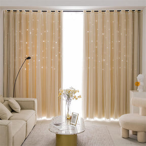 2 Panels Double Layer Stars Blackout Curtains for Bedroom Window-Beige