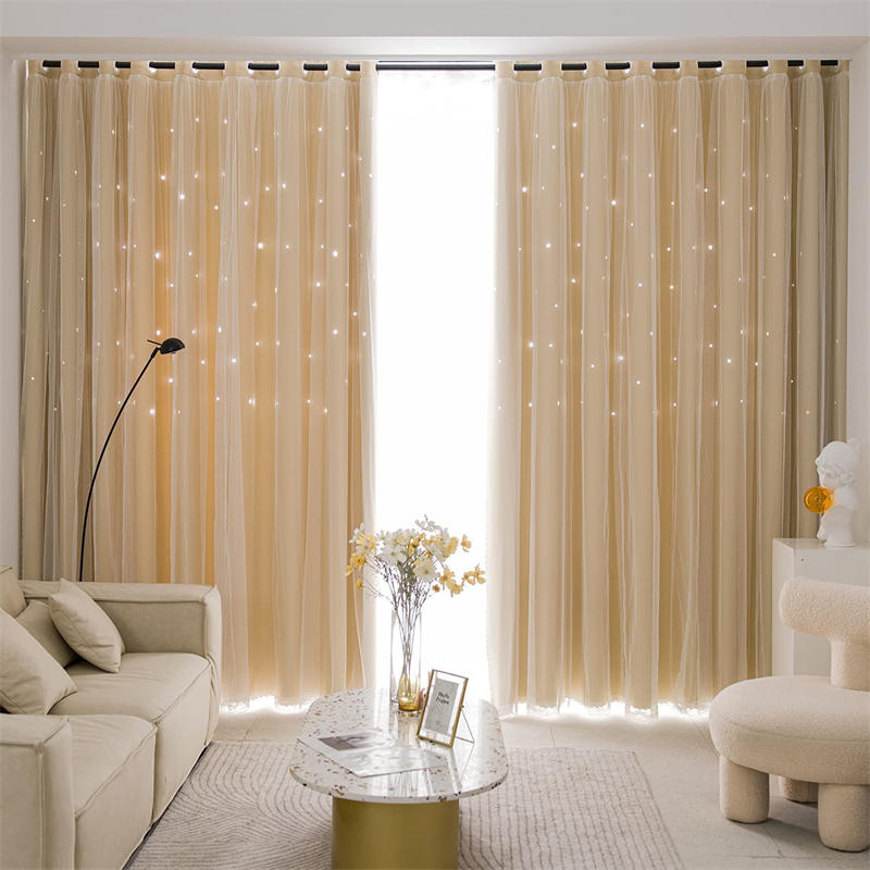 2 Panels Double Layer Stars Blackout Curtains for Bedroom Window-Beige