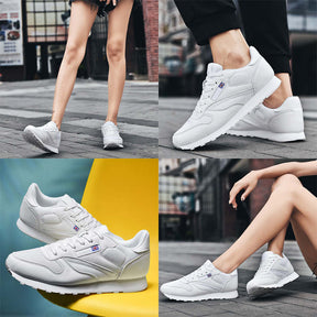 Couples Leather and Mesh Sneakers Lace up Lightweight Cushioned Sport Shoes-White