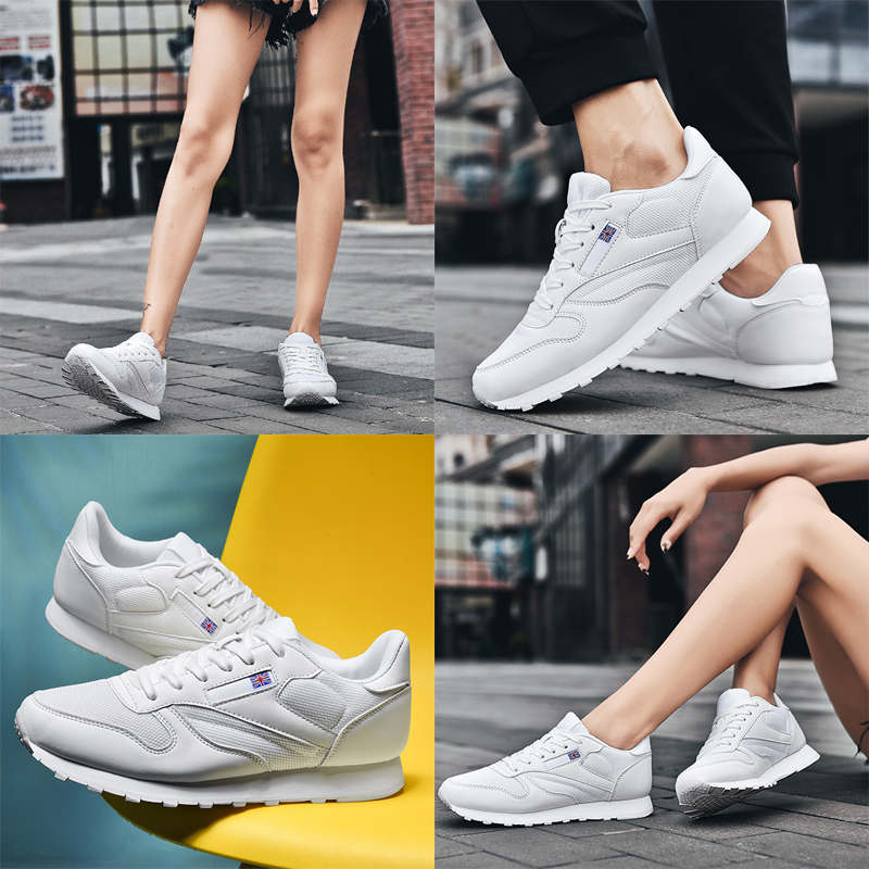 Couples Leather and Mesh Sneakers Lace up Lightweight Cushioned Sport Shoes-White
