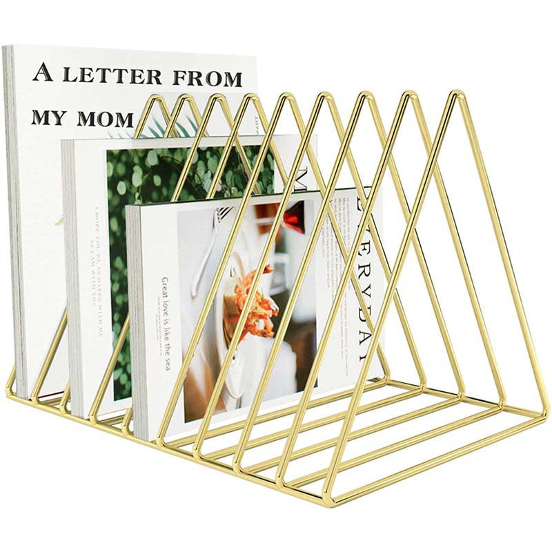 Files Folder Stand Desktop File Organizer Triangle Wire Magazine Holder Book Shelf 9 Slot File Sorter for Indoor Office Home -Gold