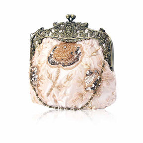 Womens Beaded Party Clutch Vintage Rose Purse-Champagne