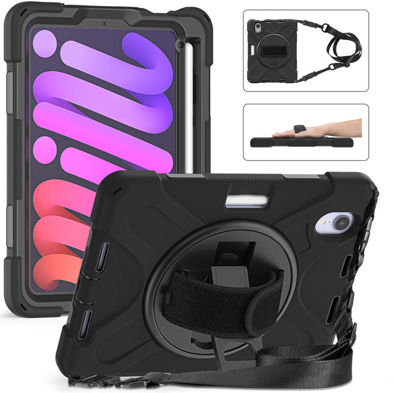 iPad Shockproof Case For iPad Mini 6 With Pencil Holder Kickstand/Shoulder Strap-Black