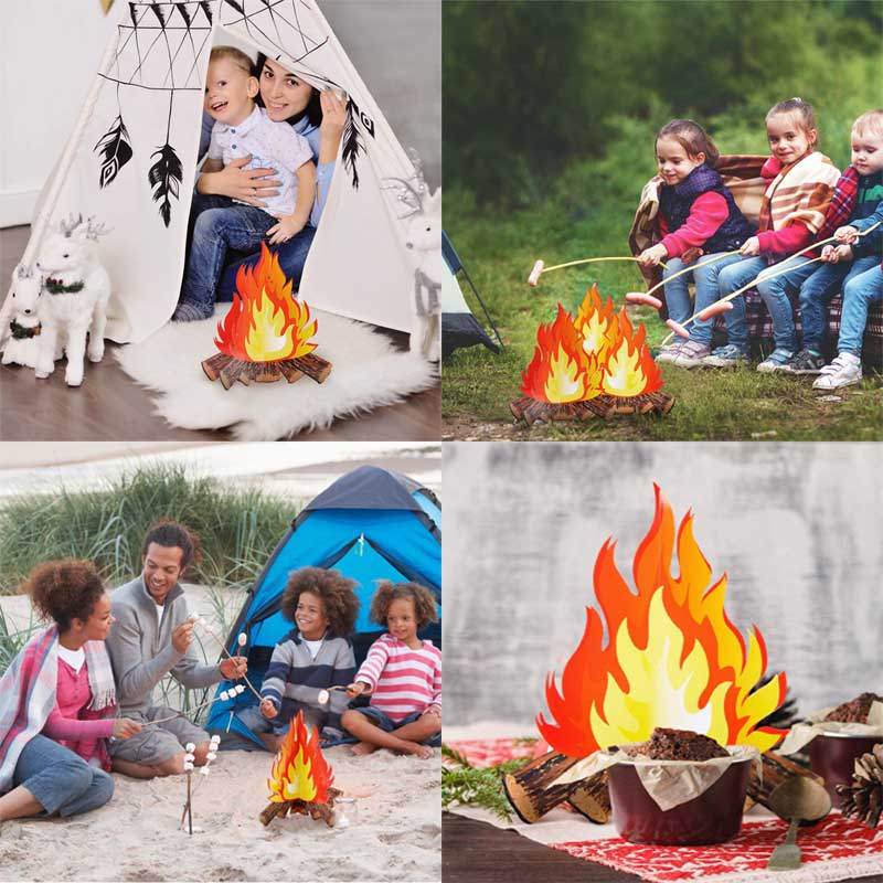 3D Decorative Cardboard Bonfire Center Artificial Fire Fake Flame Paper Party Decoration -Gold Orange