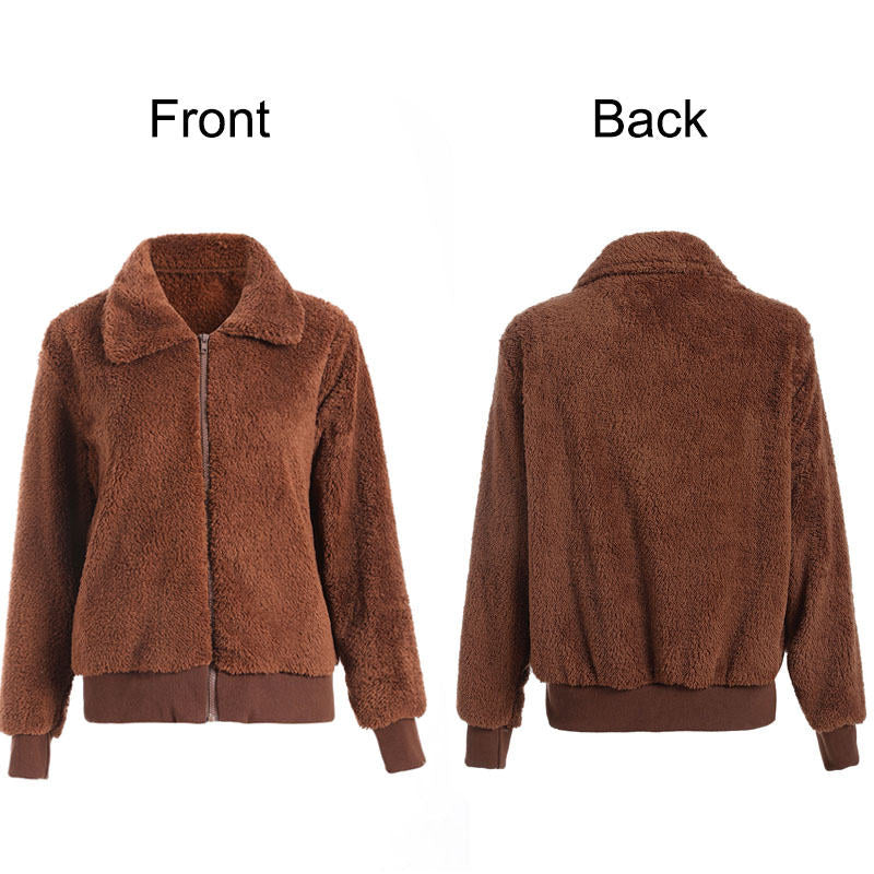 Womens Sherpa Fleece Jackets Lapel Zip Up Winter Warm Crop Outwear-Coffee