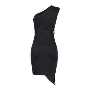 Solid Color Sleeveless Sloping Shoulder Strap Party Cocktail Dress-Black