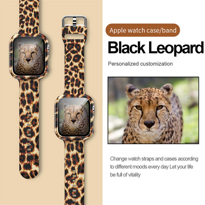 Silicone Printed Watch Band with Screen Protector Case for iWatch Series SE/6/5/4/3/2/1-BlackLeopard
