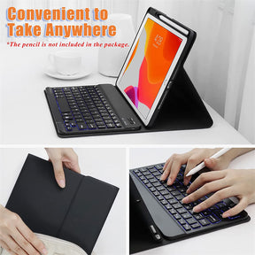 Removable Square Keyboard Case For iPad 7 Color Backlit with Pen Slot Wireless BT Lightweight Case-Black