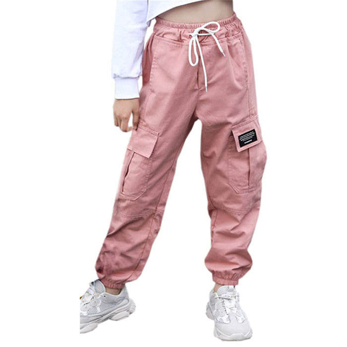 Girls Joggers Long Pants Pockets Outdoor Casual Trousers with Drawstring Multicolor-Pink