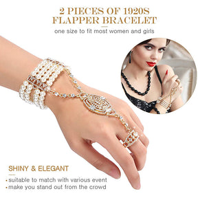 2Pcs Pearl Crystal Bracelet Ring All-in-one Chain for Women-Gold