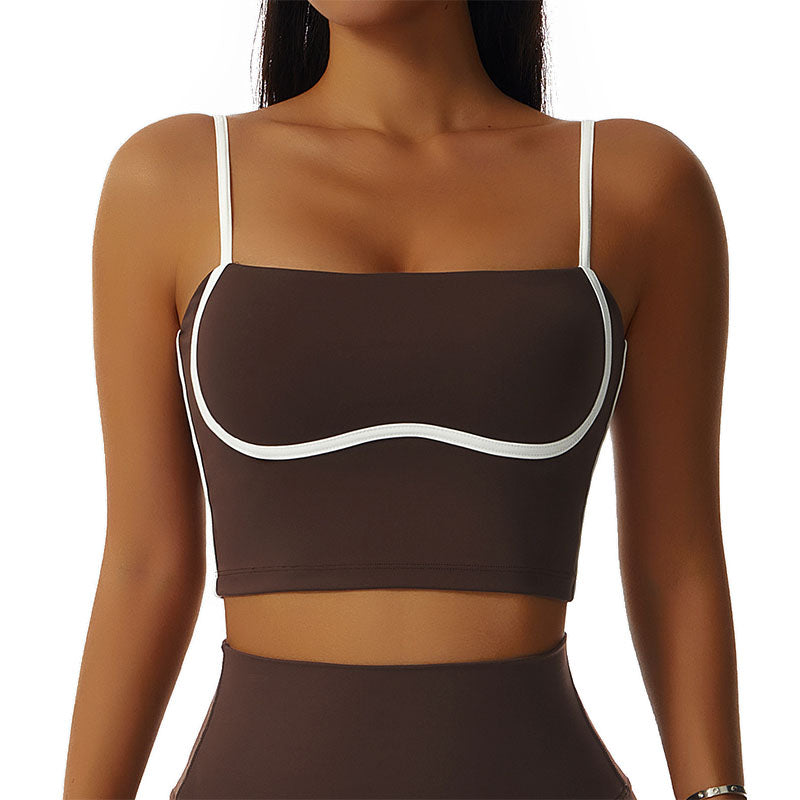 Spaghetti Strap Sports Bra Square Neck Padded Fitness Crop Tops-Brown
