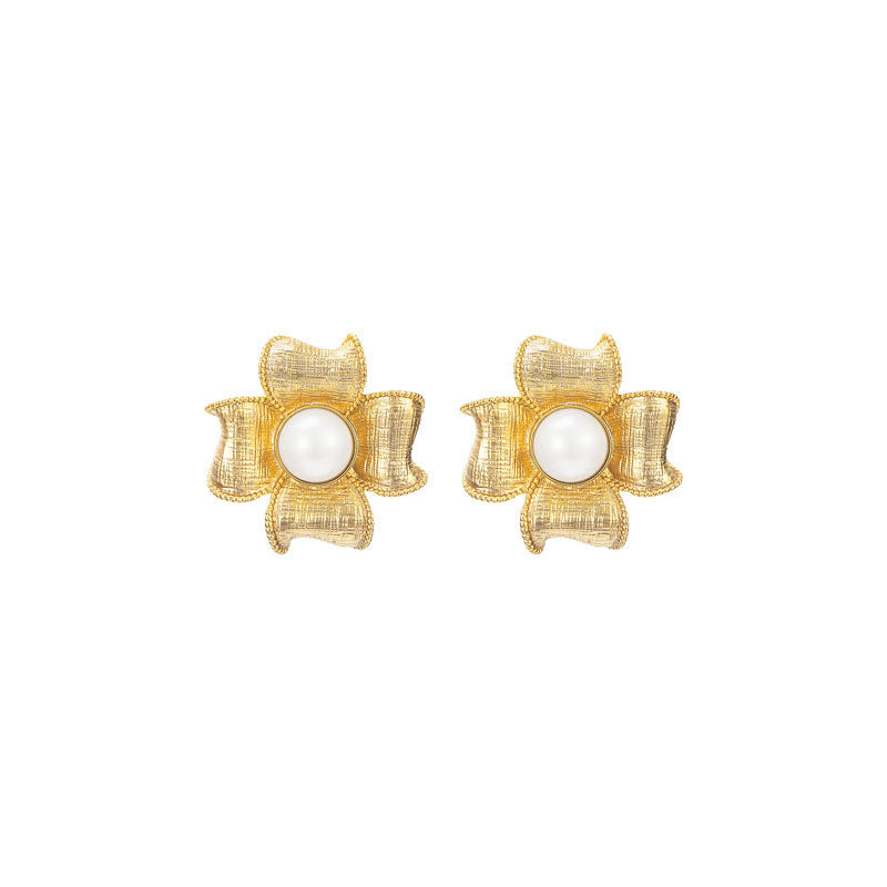 Flower Pearl Stud Earrings Hypoallergenic for Women Girls-Gold