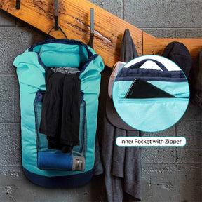 Backpack Laundry Bag With Shoulder Straps And Mesh Pocket Durable Nylon Clothes Bag for College Travel Laundromat -Sky Blue