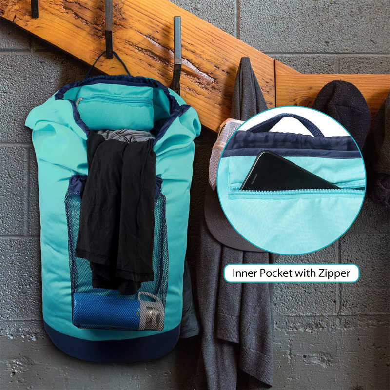 Backpack Laundry Bag With Shoulder Straps And Mesh Pocket Durable Nylon Clothes Bag for College Travel Laundromat -Sky Blue