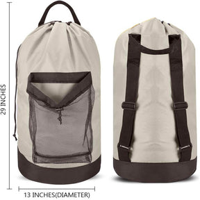 Backpack Laundry Bag With Shoulder Straps And Mesh Pocket Durable Nylon Clothes Bag for College Travel Laundromat -Khaki