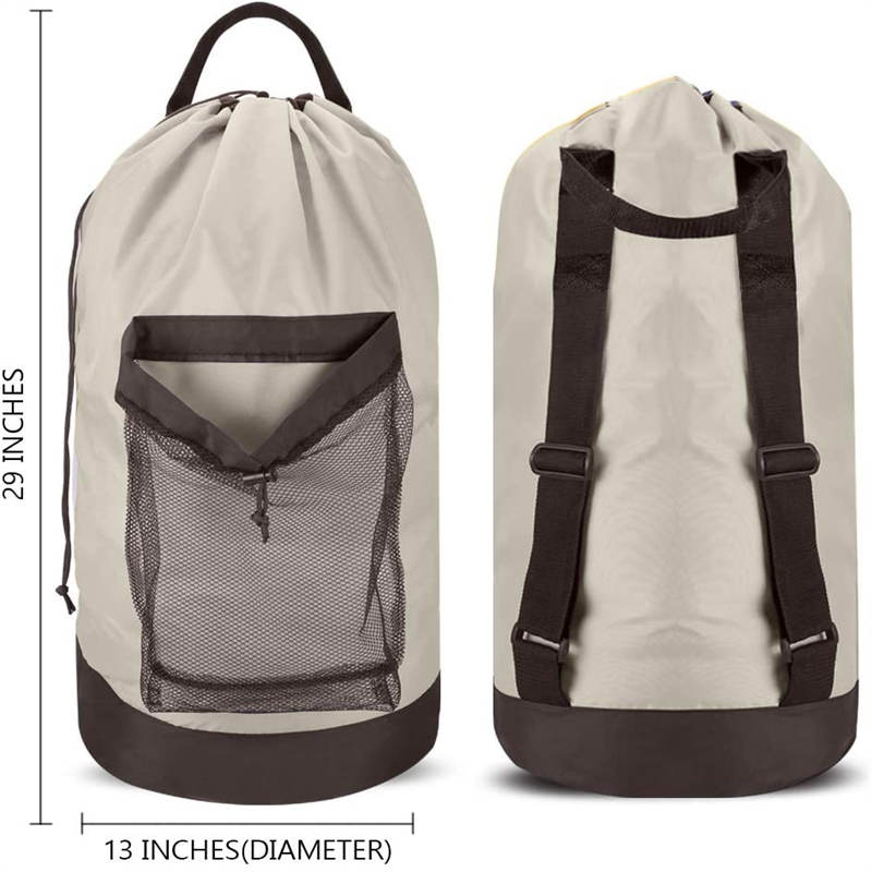 Backpack Laundry Bag With Shoulder Straps And Mesh Pocket Durable Nylon Clothes Bag for College Travel Laundromat -Khaki