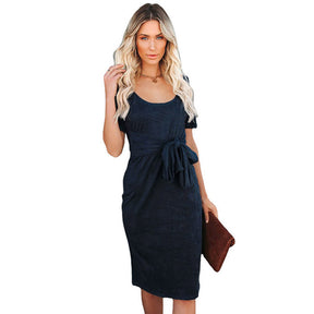 Womens Elastic Cocktail Party Elegant Dress Body Dress With Belt-DarkBlue