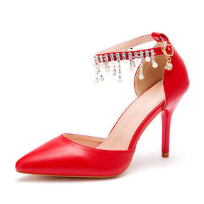 Pointed Toe 9.5cm High Heel Pearl Ankle Strap Wedding Dress Pump-Red