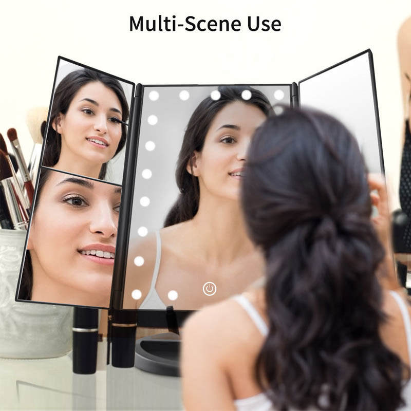 Tri-Fold Lighted Vanity Mirror with 22 LED Lights 3X/2X/1X Magnification Make Up Mirror-Black