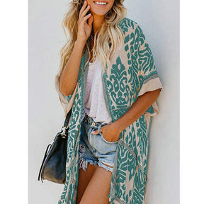 Women Print Kimono Tassel Casual Cardigan V Neck Loose Swimsuit Cover Up Beachwear-Green