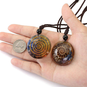 Round Chakra Fossil Resin Pendant Necklace for Women Men