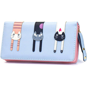 Womens Cute Cat Wallet Bifold Long Coin Purse with Zipper-LightBlue