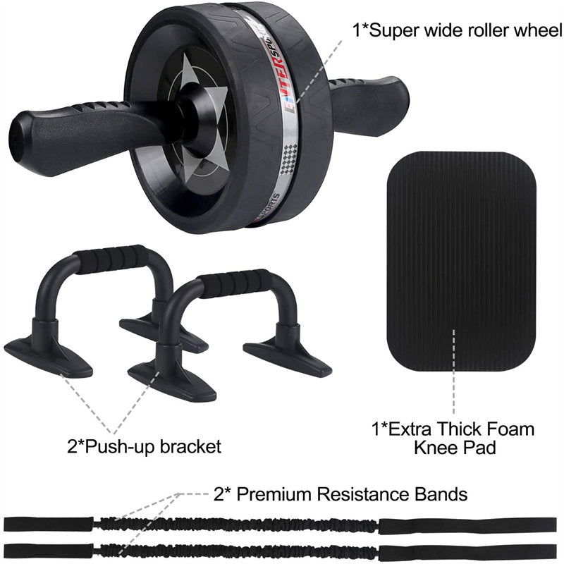 6-in-1 Abdominal Roller Kit with Knee Pads Resistance Band Pad Pusher Handle for Home Gym Equipment