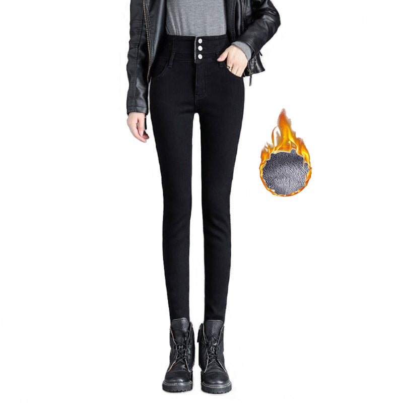 Womens Fleece Jeans Stretch Slim Fit High Waist Denim Pants-Black