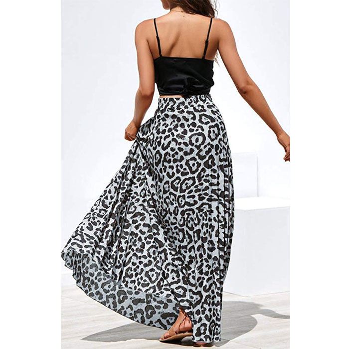 Women's Gold Velvet Fashion Leopard Printing Maxi Skirt High Elastic Shirring Waisted Dress-Light Gray