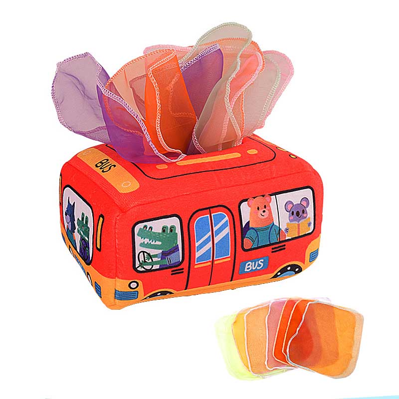 Baby Tissue Box Toy Crinkle Paper Sensory Silk Scarves Toys for 0-3 Year Old Kids-CarA