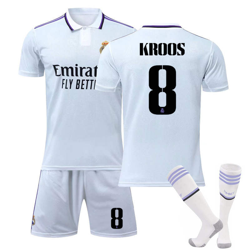 Real Madrid Home Jersey 2022-23 KROOS #8 Soccer Jersey Kids Adult 3-Pieces Jersey Kits