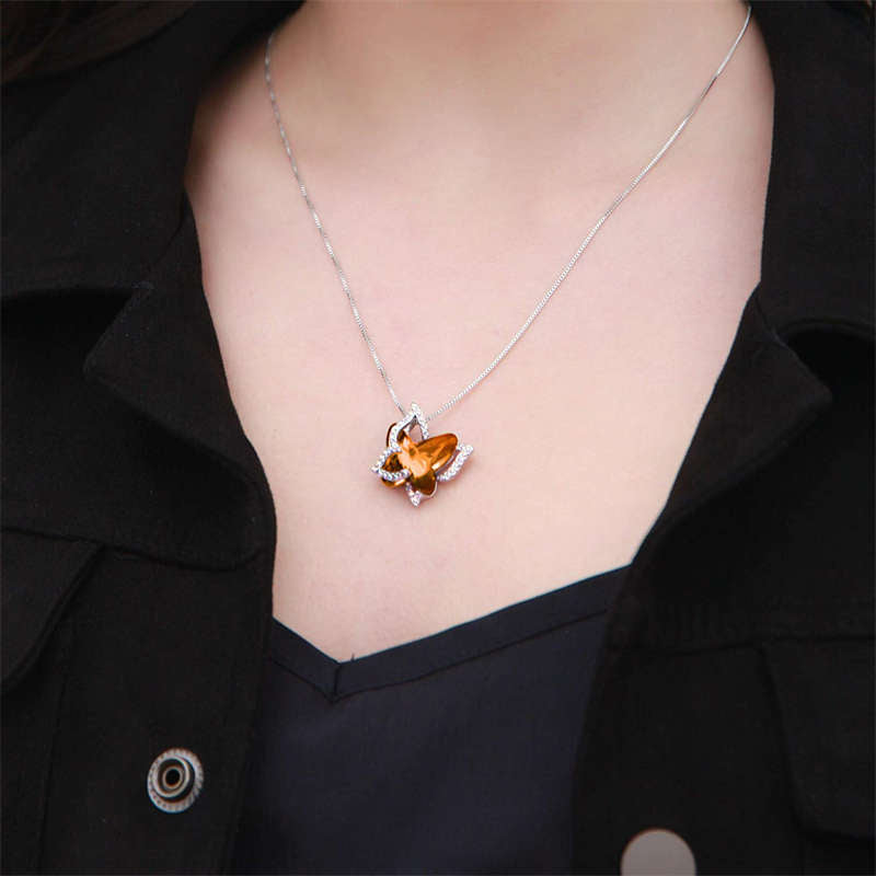 Butterfly Birthstone Crystal Pendant Necklace Gifts for Women Girls-Amber