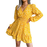 Womens Floral Long Sleeve V Neck Elastic High Waist Chiffon Dress-Yellow