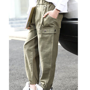 Girls Joggers Long Pants Pockets Outdoor Casual Trousers Iron Ring-ArmyGreen