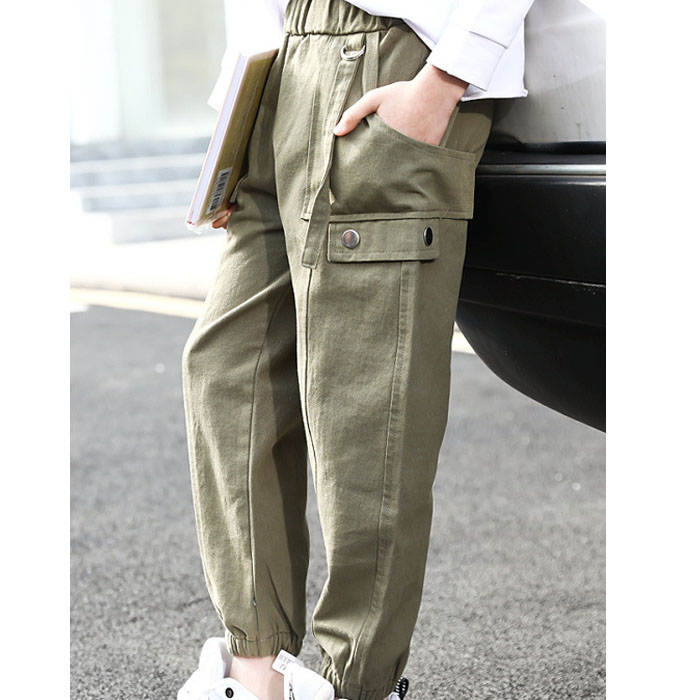 Girls Joggers Long Pants Pockets Outdoor Casual Trousers Iron Ring-ArmyGreen