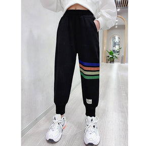 Girls Joggers Long Pants Pockets Outdoor Casual Trousers Rainbow-Black