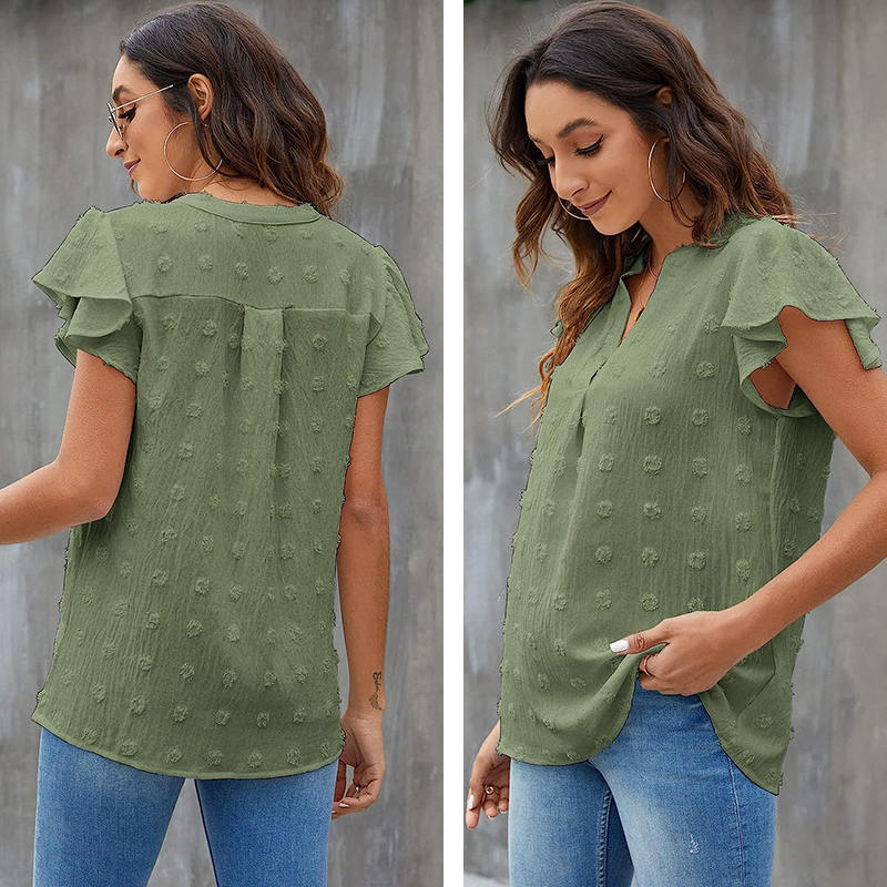Womens Ruffle Shirts V Neck Short Sleeve Pom Chiffon Blouses Tops-Army Green